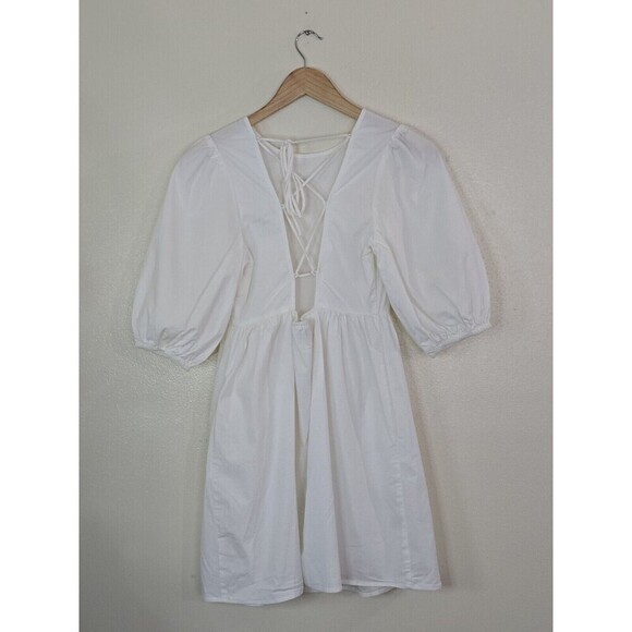 WAYF White Mini Dress Womens Size Small Puff Sleeves Open Tie Back Cotton POCKET - Picture 8 of 13
